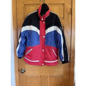Descente Ski Jacket Womens 12 Red Blue Black Vintage Insulated Winter Coat 1980s